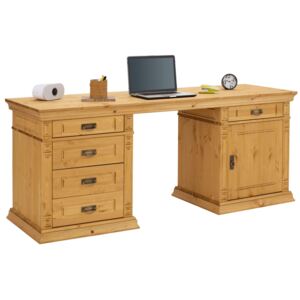Sosnowe pięknie zdobione biurko z szufladami i schowkiem