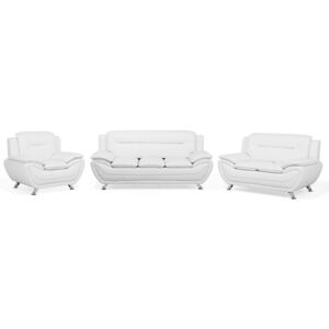 Komplet wypoczynkowy biały ekoskóra sofa 3-osobowa 2-osobowa i fotel styl nowoczesny Beliani