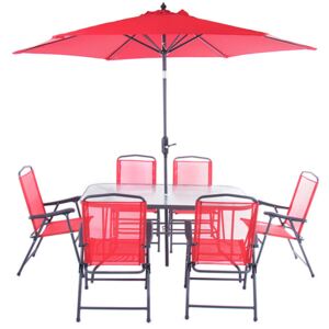 Zestaw ogrodowy Rapasolla stół z sześcioma krzesłami i parasolem czerwony