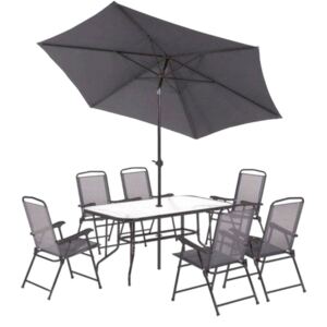 Zestaw ogrodowy Rapasolla stół z sześcioma krzesłami i parasolem szary