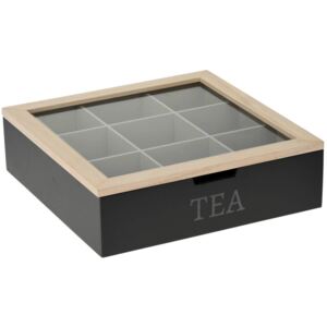 Pudełko na herbatę z napisem TEA, MDF, 24 x 24 x 7 cm, czarne