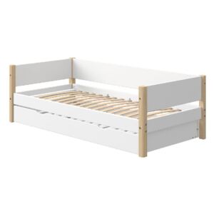 Białe łóżko dziecięce z naturalnymi nogami i dodatkowym wysuwanym łóżkiem Flexa White Single, 90x200 cm