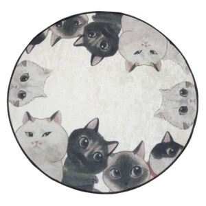 Biało-szary dywanik łazienkowy Lismo Cats, ⌀ 100 cm