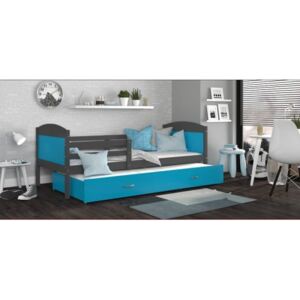 Łóżko podwójne wysuwane z szufladą MATEUSZ 200x90cm, kolor szaro-niebieski