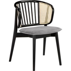 Czarne dębowe krzesło z rattanem i szarą tapicerką