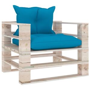 Sofa ogrodowa z palet, z niebieskimi poduszkami, drewno sosnowe