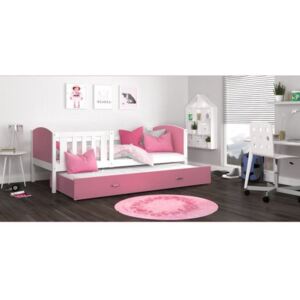 Łóżko podwójne wysuwane z szufladą TAMI 190x80cm, kolor biało-różowy