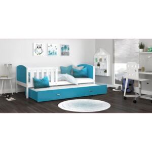 Łóżko podwójne wysuwane z szufladą TAMI 200x90cm, kolor biało-niebieski