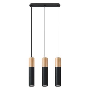 Designerska Lampa wisząca PABLO 3 czarna Zwis na lince tuba Idealna do salonu, sypialni, kuchni nad wyspę Oprawa stal i drewno GU10 Oświetlenie SOLLUX