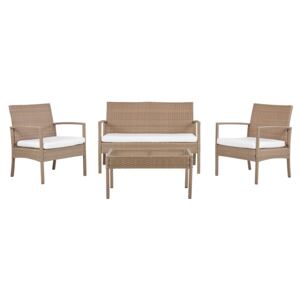 Zestaw ogrodowy brązowy rattanowy 2 krzesła 1 ławka 1 stół ze szklanym blatem poduchy nowoczesny Beliani