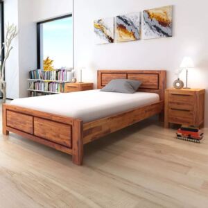 Drewniana rama łóżka z materacem, brązowa, 140x200cm