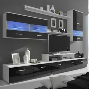 7-częściowy zestaw mebli TV z podświetleniem LED 250 cm, wysoki połysk, czarny