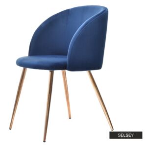 Krzesło Gary niebieskie na miedzianych nogach tapicerowane z podłokietnikami