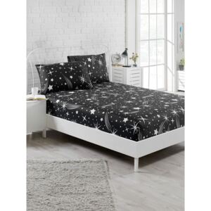 Komplet czarnego elastycznego prześcieradła i poszewki na poduszkę Starry Night, 100x200 cm