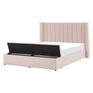 Łóżko welurowe z ławą 160 x 200 cm różowe NOYERS