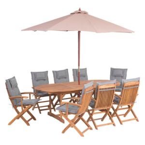 Zestaw ogrodowy stół i 8 krzeseł z szarymi poduszkami i parasolem MAUI