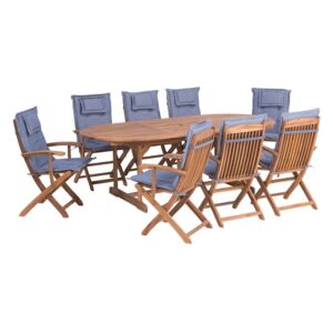 Zestaw ogrodowy stół i 8 krzeseł z niebieskimi poduszkami MAUI