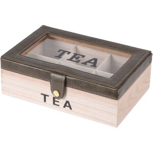 Pudełko do herbaty w torebkach ozdobione skajem, 24 x 16 x 8 cm, ciemnobrązowy