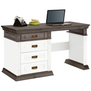 Sosnowe biurko z szufladami, pięknie zdobione, biel-wenge