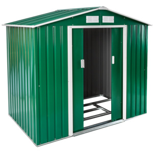 Metalowy domek narzędziowy z dachem dwuspadowym zielony