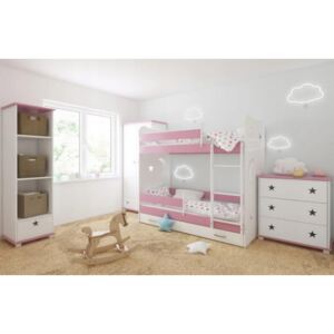 Łóżko piętrowe z szufladą i materacami STARS II 160x80cm kolor biało-różowy