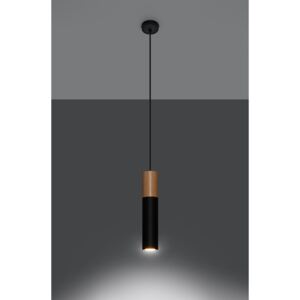 SOLLUX Gustowna Lampa Wisząca PABLO 1 Czarna Ekskluzywny Zwis na Sufit Stal Naturalne Drewno Oświetlenie LED