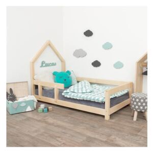 Naturalne łóżko dziecięce w kształcie domku z barierką po lewej stronie Benlemi Poppi, 90x200 cm
