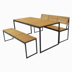 Zestaw stołu ogrodowego i 2 ławek z drewna akacji z metalową konstrukcją Ezeis Brick