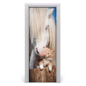 Naklejka samoprzylepna na drzwi Biały koń z kotem