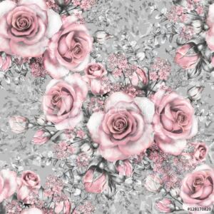 Fototapeta Wzór z różowe kwiaty i liście na szarym tle, akwarela kwiatowy wzór, kwiat róża