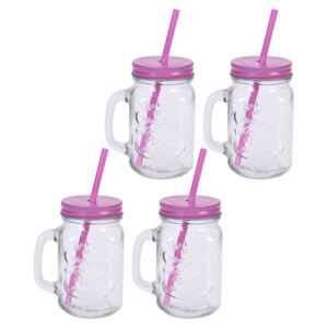 Słoiki do napojów ze słomką, 4 szklane kubki z uchwytem, szklanki, kolor różowy