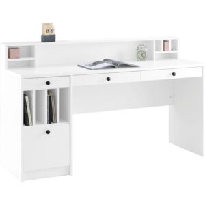 Duże białe biurko z przegrodami i szufladami