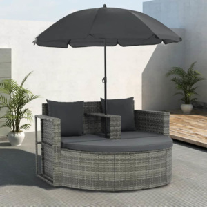 2-osobowa sofa ogrodowa z parasolem, polirattan, szara