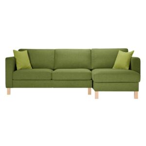 Zielona prawostronna sofa narożna i 2 jasnozielonymi poduszkami Stella Cadente Maison Canoa