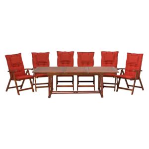 Zestaw ogrodowy stół z krzesłami ciemne lite drewno akacjowe czerwone poduszki 6 składanych krzeseł z podłokietnikami rozkładany stół Beliani