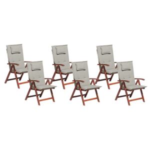 Zestaw 6 krzeseł ogrodowych jasne drewno lite akacjowe z szarobeżowymi poduszkami rozkładane podłokietniki składane styl rustykalny Beliani