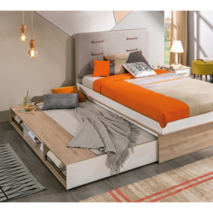 Łóżko młodzieżowe Dynamic z płyty wiórowej, ze schowkiem i tapicerowanym zagłówkiem, biało - jasnoszare, 200x100 cm