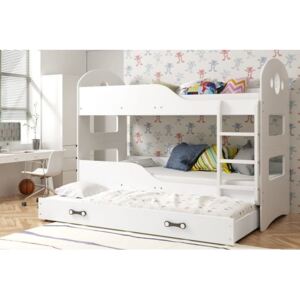 Łóżko piętrowe potrójne z szufladą i materacami 160x80cm DOMINIK, kolor biały