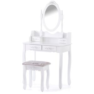 Toaletka Glamour z ruchomym lustrem 4szufladami i eleganckim taboretem Biała BRONTE