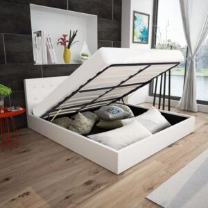 Rama łóżka z podnośnikiem, biała, sztuczna skóra, 140x200 cm