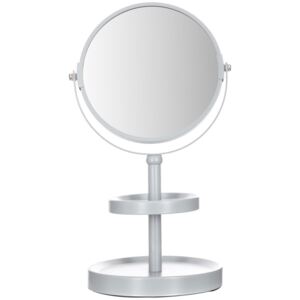 Białe lustro stojące z półkami, okrągłe lusterko kosmetyczne powiększające po jednej stronie tafli