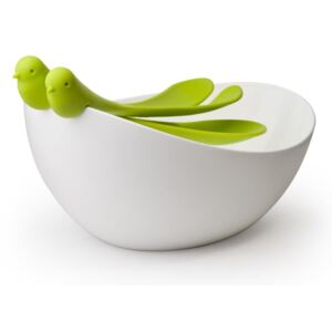 Miska z biało-zielonymi sztućcami sałatkowymi w kształcie ptaszków Qualy&CO Sparrow Salad Bowl