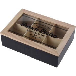 Pudełko na herbatę drewniane, 6 przegródek, czarne
