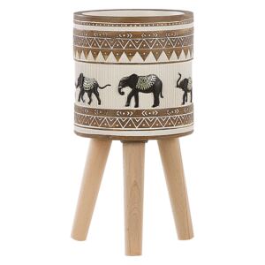 Kwietnik magnezjum beżowo-brązowy nogi z drewna okrągły styl afrykański motyw słonia Beliani