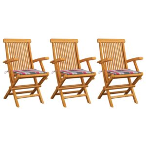 Krzesła ogrodowe z poduszkami w czerwoną kratę, 3 szt., tekowe