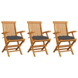 Krzesła ogrodowe, antracytowe poduszki, 3 szt., drewno tekowe