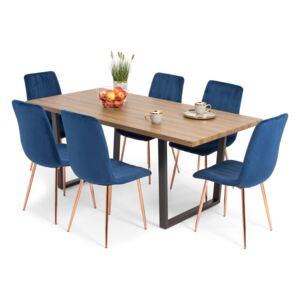 Stół BALTIMORE i 6 krzeseł SOFIA - zestaw do kuchni - brąz + niebieski