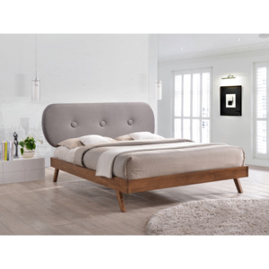 Drewniane łóżko Emily z tapicerowanym zagłówkiem w kolorze szarym