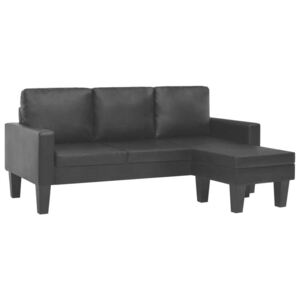 Sofa 3-osobowa z pufem, tapicerowana sztuczną skórą, czarna