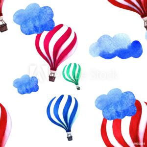 Fototapeta Akwarela wzór z balonem i chmury Ręcznie rysowane vintage kolaż ilustracji Dzieci